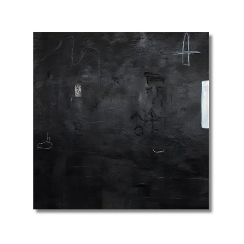 An abstract black canvas with faint linear etchings and minimal white elements creates a sense of depth, silence, and enigmatic presence.
