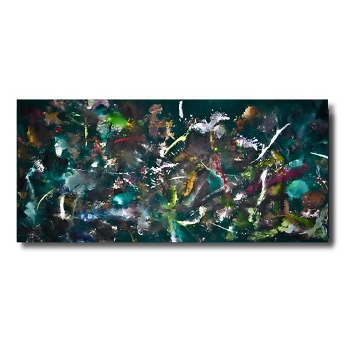 Energetic strokes of color emerge from a dark green background, creating a layered, almost botanical abstraction full of movement and depth.
