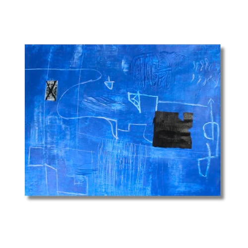 Electric blue dominates the canvas, animated by white linear sketches and bold black shapes. The abstract layout evokes energy and motion, inviting layered interpretation.