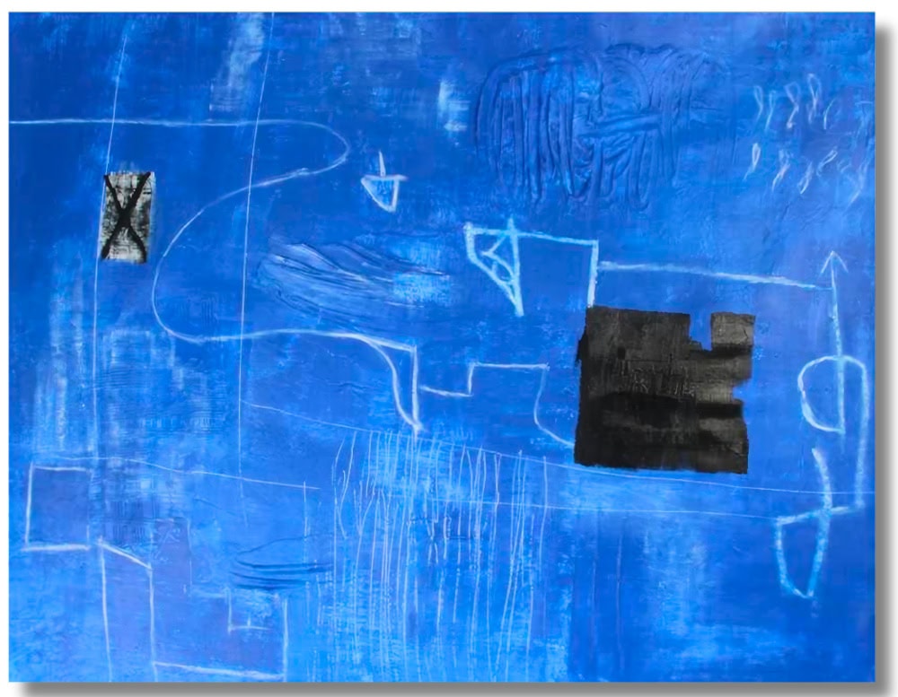 An electric blue canvas is etched with white linear forms and marked by two bold black shapes. The composition feels spontaneous, blending geometric lines with abstract texture.