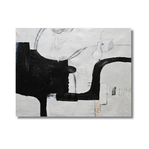 Thick black forms sweep across a pale canvas, intersecting with delicate pencil sketches and soft textures. The composition feels abstract yet suggestive, leaving the interpretation open.
