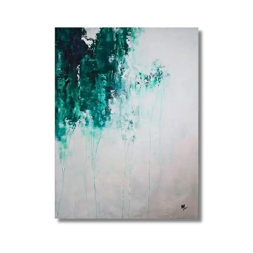 Bold emerald tones blend into delicate drips that cascade down, fading into a soft, light background. The composition creates a sense of vertical movement and ethereal balance.