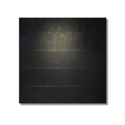 A textured black composition divided into horizontal bands. Subtle variations in sheen and fine vertical lines introduce depth, while light plays across the surface to reveal tonal shifts.