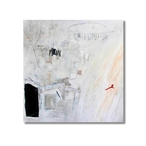 A textured abstract composition featuring pale layers, linear sketches, and tonal brushwork. A black rectangular form anchors the left, while a small red accent contrasts with sweeping neutral tones on the right.