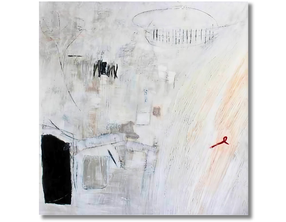 Abstract piece with pale layers, linear sketches, and textured forms. A bold black block anchors the left, while a small red mark punctuates sweeping lines on the right, creating dynamic contrast.