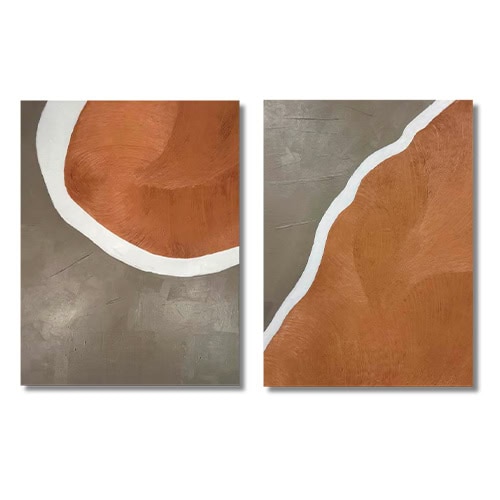 Diptych artwork featuring bold terracotta shapes outlined in white, set against a soft gray background. The composition evokes organic contours with a minimal, earthy aesthetic.