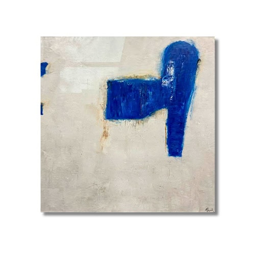 Minimalist abstract painting with a bold cobalt blue shape dominating the canvas. The textured off-white background creates a subtle contrast, highlighting the dynamic brushwork.
