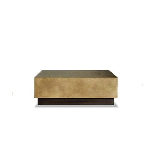 Bax Loren Coffee Table features a crisp boxy silhouette wrapped in a golden brushed finish with a slightly recessed dark base. Its striking geometry fits seamlessly in refined contemporary settings.
