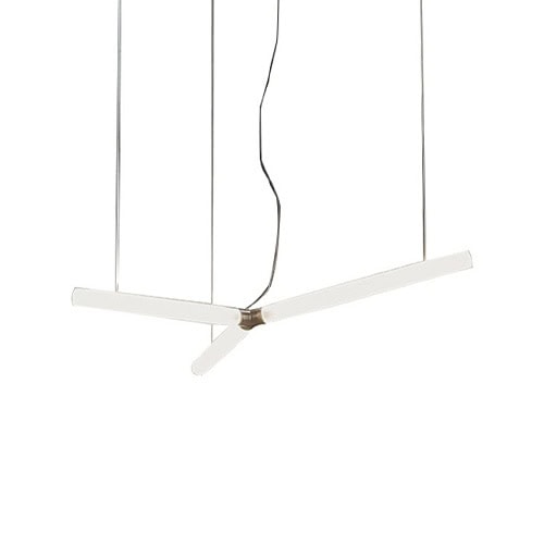 Therna Ceiling Light floats above with sharp linear precision. Its glowing arms fan out gracefully, suspended in air against a clean white scene, emphasizing the fixture’s minimalist and sculptural nature.