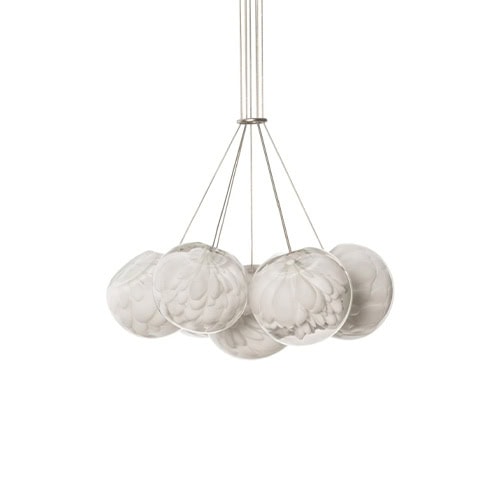 The Boc 118 Series chandelier showcases five hand-blown glass spheres in a graceful cluster, suspended by fine cables to create an elegant and textural lighting centerpiece.