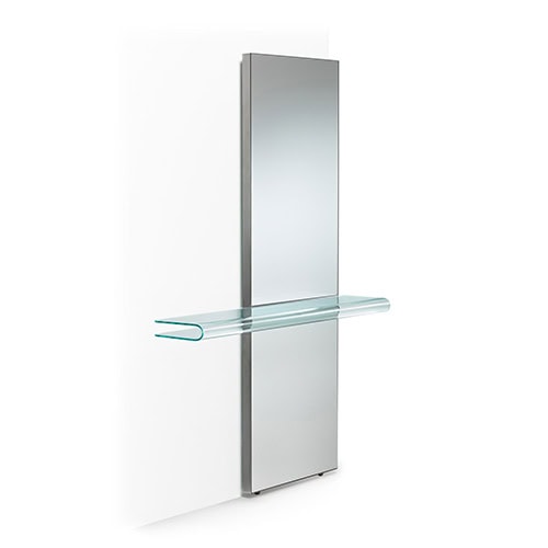 The Fiam Let Me See Mirror combines a slim vertical mirror with a graceful curved glass shelf, delivering a sleek and modern statement for contemporary spaces.