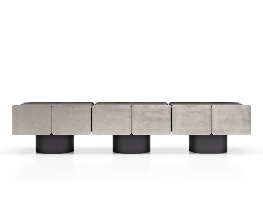 GR Admira Cabinet featuring brushed silver doors and matte black cylindrical bases, offering a sleek and minimalist aesthetic.