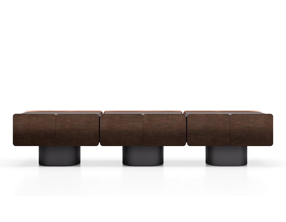 GR Admira Cabinet in dark brown wood finish with rounded matte black cylindrical bases, blending warm texture with contemporary form.