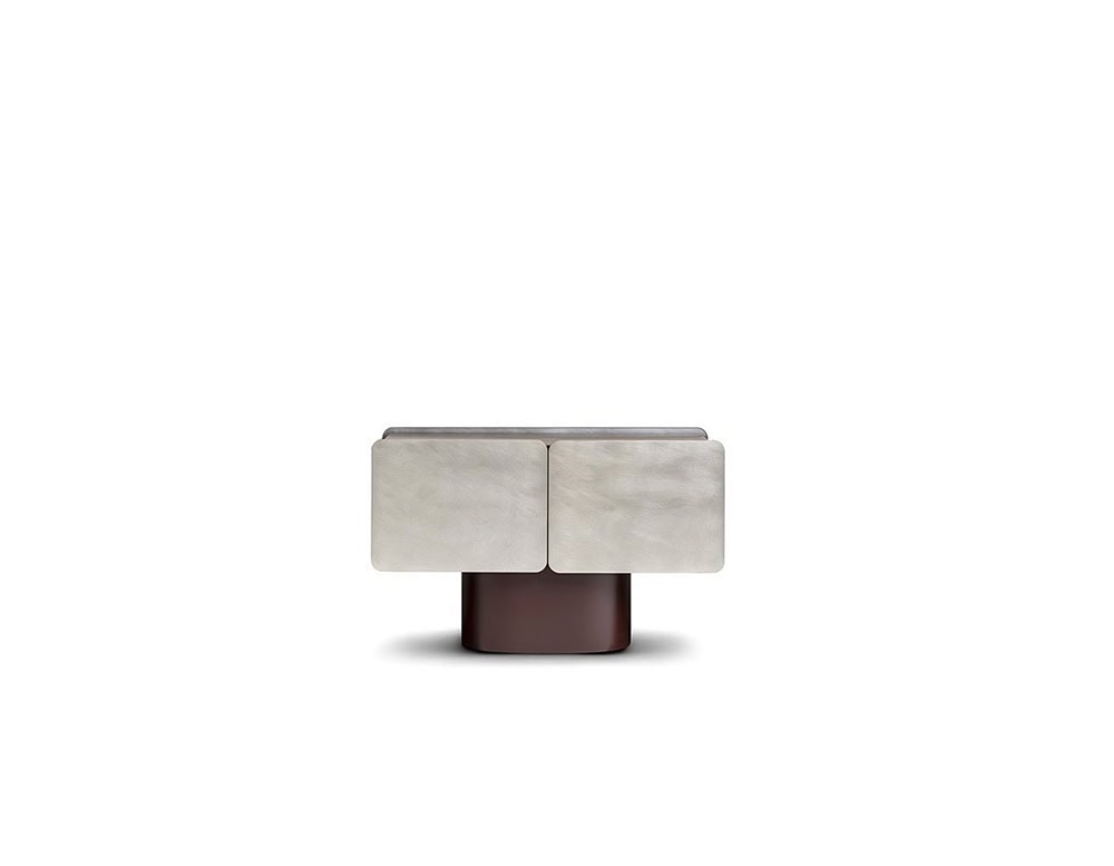 The GR Admira Cabinet in a compact configuration, featuring two brushed silver front panels and a single burgundy cylindrical base.