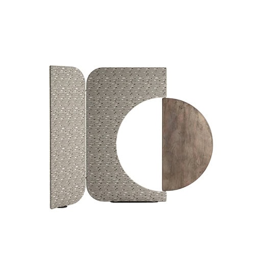 The Enso Screen combines geometric elegance with subtle texture. Its panels feature a soft beige pattern with a circular wood accent in natural earthy tones, creating a delicate contrast.