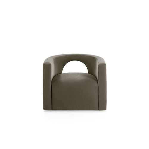 The GR H2O Lounge Chair features a sculptural silhouette with a curved backrest and integrated armrests, offering both visual softness and ergonomic support. Its muted, earthy tone complements a variety of interiors.