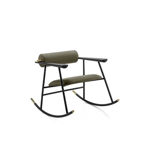 Lou Lou Rock Chair in matte black with olive green cushions and polished brass details. The minimalist design highlights its curved rockers and slender frame, set against a pure white background.