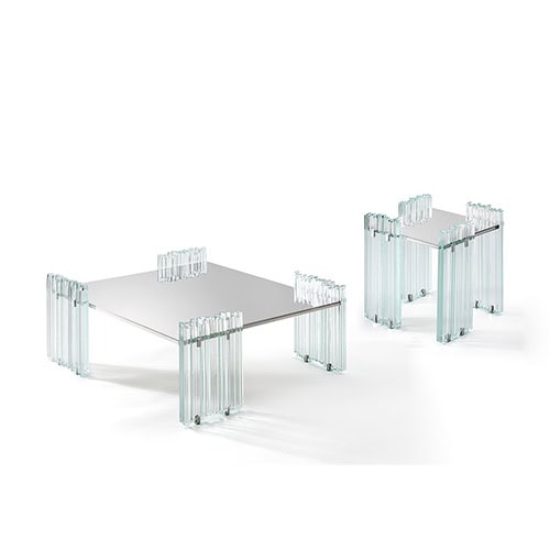 GR Mirage Coffee Table set in clear glass is featured in two sizes. Each table has a sleek mirrored top and sculptural, transparent legs, creating a weightless effect against the white background and emphasizing their minimalist elegance.
