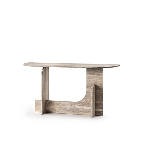 The GR Selce Console Table showcases an organic travertine texture in soft beige and taupe tones. Its sculptural base and curved lines create a refined yet natural focal point.