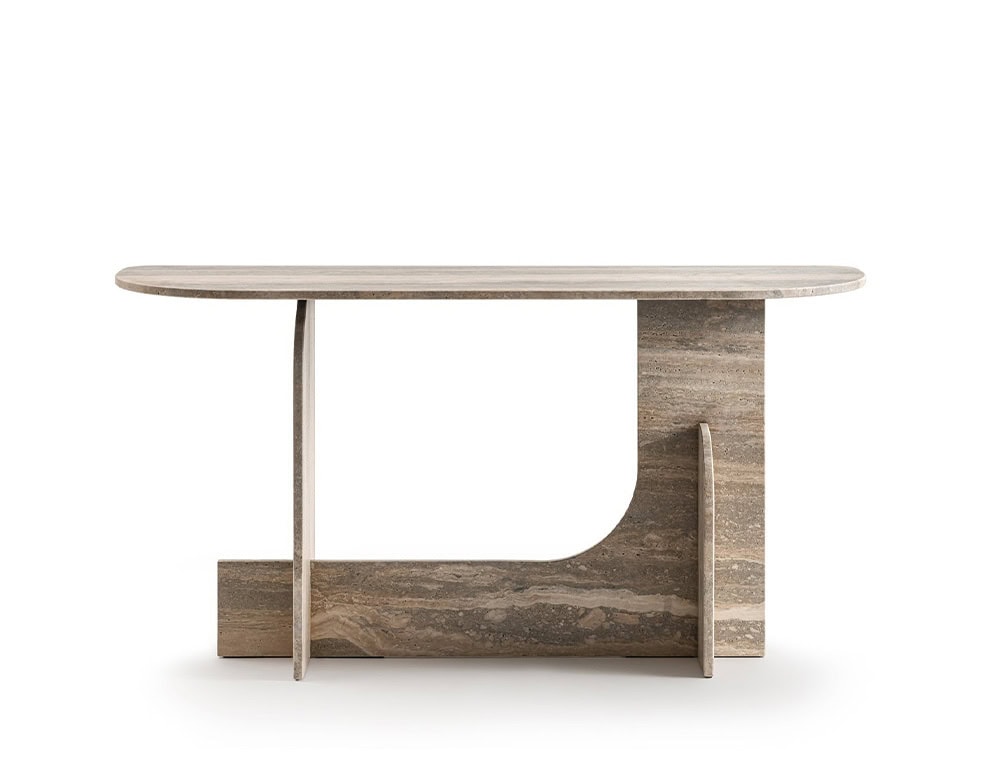 The GR Selce Console Table features a sculptural travertine silhouette with a balanced composition of vertical and curved elements, emphasizing the stone’s rich natural texture and layered veining.