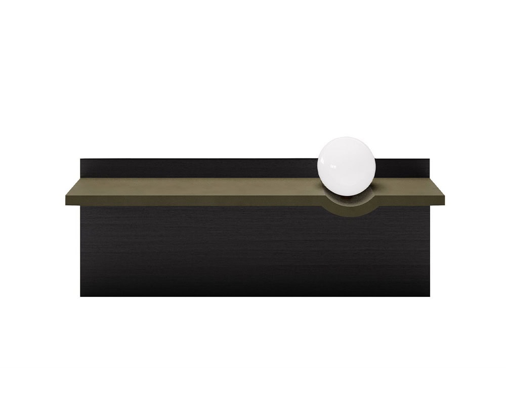 The GR Stresa Console Table features a deep black wood structure with an olive-toned shelf, topped by a luminous white sphere that softens the piece’s bold geometry.