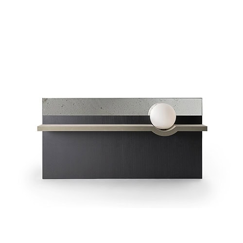 The GR Stresa Mirror features a horizontal composition with a smoked mirrored panel, dark wood finish, and integrated shelf. A glowing opaline sphere rests in the shelf’s curved notch, adding a warm ambient light.