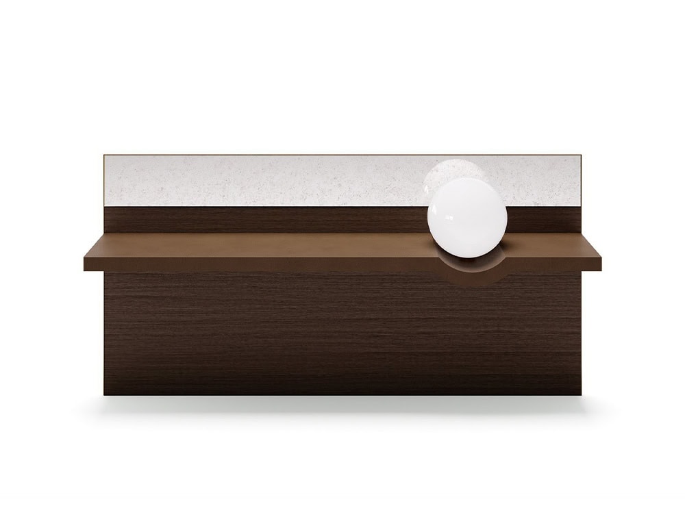 The GR Stresa Mirror combines warm wood tones with an antiqued mirrored band. A soft white globe light is seamlessly embedded in the integrated shelf, adding ambient illumination to the piece.