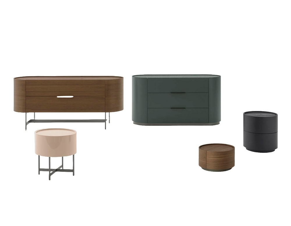 The Pian Dedalo Nightstand collection showcases versatile storage pieces with smooth, rounded forms and minimalist details, offered in warm wood tones, soft lacquer finishes and elegant metal bases.