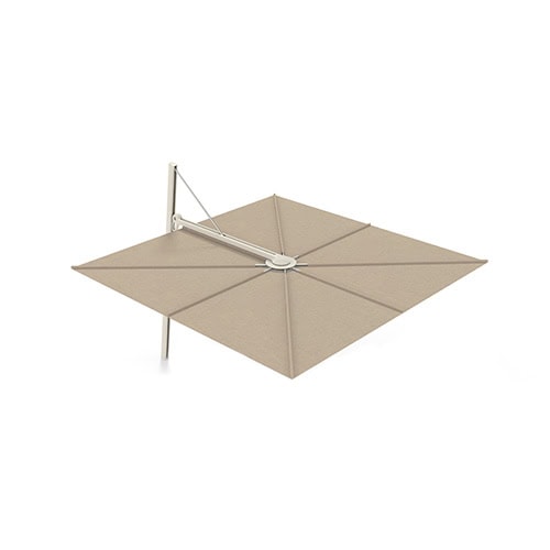 Umbrella Versa UX in beige canopy and off-white frame. Its symmetrical square shape and soft tone blend with outdoor minimalist or Mediterranean-inspired settings.