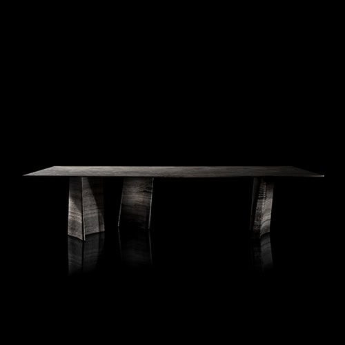 Hen Sisma Dining Table showcases a clean silhouette with geometric legs in dark stone finish, blending natural texture with refined structure.