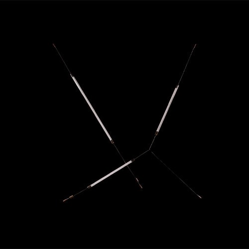 Hen Spyder wall light showcases a striking, geometric arrangement of elongated LED tubes, suspended in a cross-like composition. Its sleek, minimal profile contrasts with the black backdrop, emphasizing modernity and structural balance.