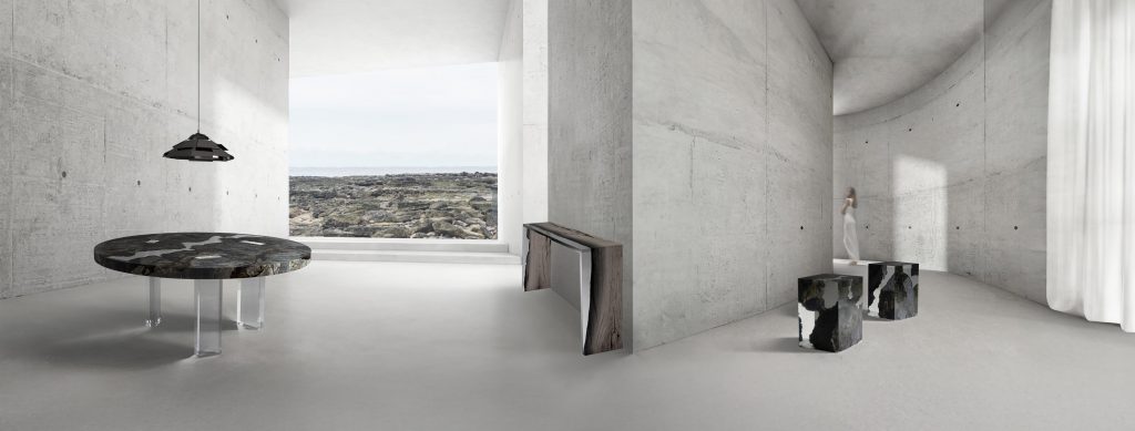 A contemporary setting featuring the Planet X table with a stone top and clear legs, a sleek console with natural edges, and bold lava stools, blending organic textures with modern minimalism.