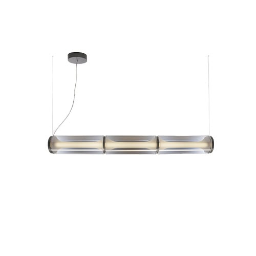 Lighting features a sleek suspended design with three cylindrical glass diffusers that emit a soft, warm glow. Its minimalist profile and elegant symmetry make it a striking centerpiece for modern interiors.