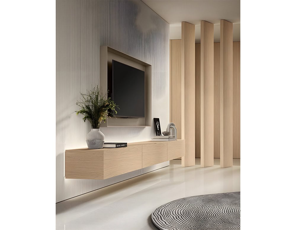 This sleek wall unit combines minimalist design with functional storage, featuring a floating wood cabinet and a refined frame that elegantly highlights your media display.