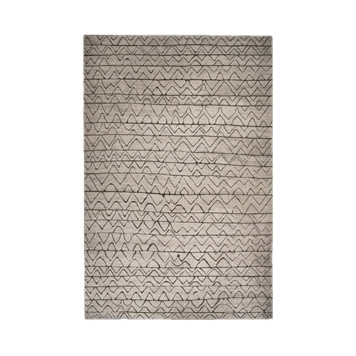 Sah Taza Rug showcases rhythmic hand-drawn lines forming organic triangular motifs across a neutral base. Its artisanal weaving and minimalist palette make it a versatile piece that adds warmth and texture to modern interiors.