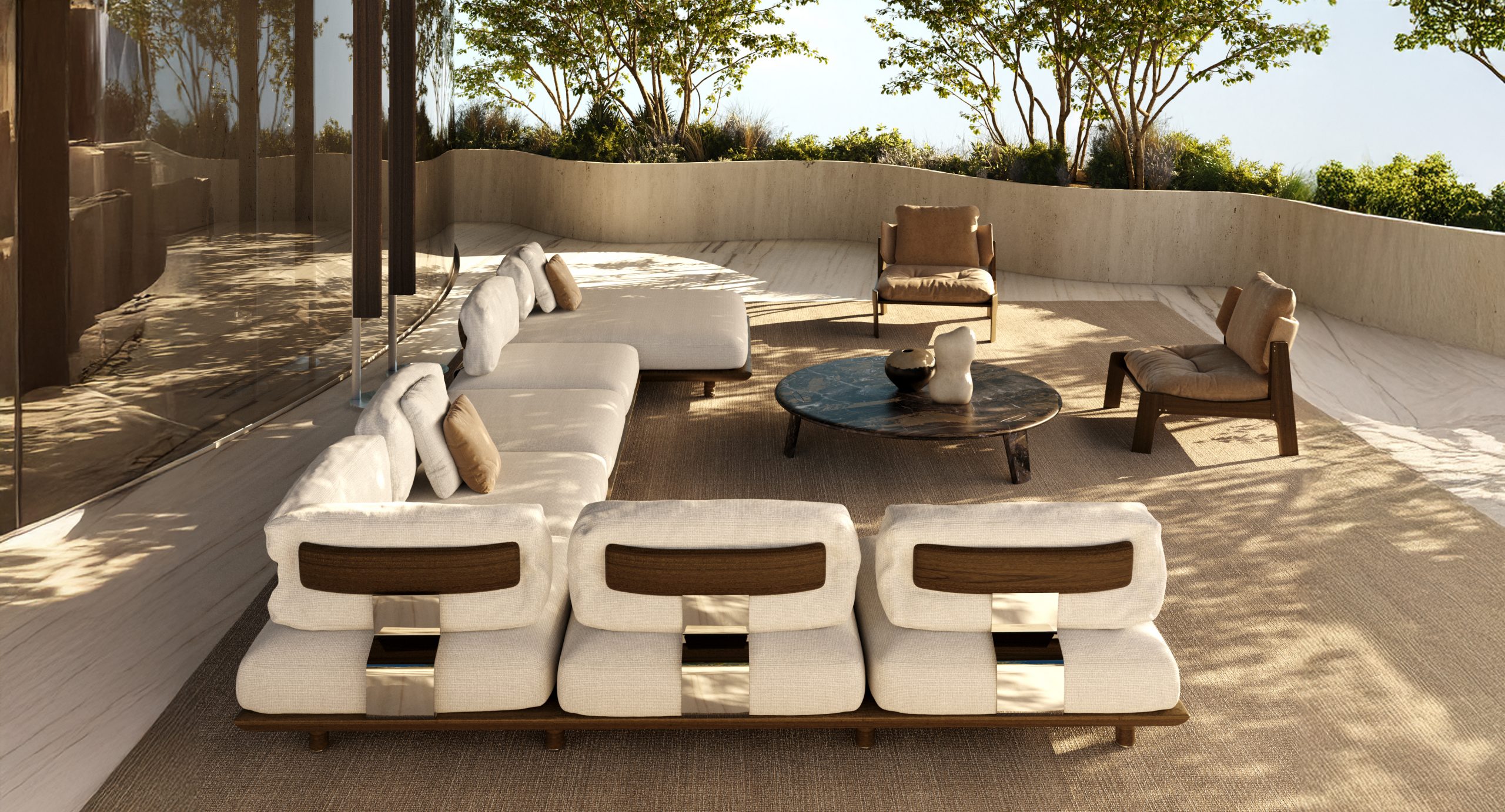 A spacious outdoor lounge setting featuring a modular sofa with soft, light upholstery and warm wood accents. Arranged on a large terrace with trees and natural light, the composition feels relaxed, elegant, and perfect for open air entertaining.