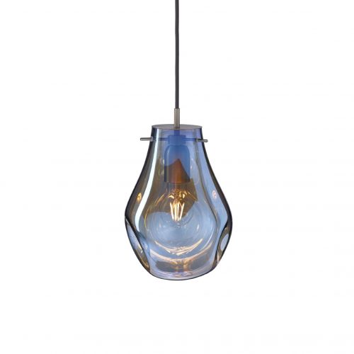A hand blown blue glass pendant light with a rounded teardrop shape and smooth contours. Its transparent finish reveals the warm bulb inside, creating soft reflections and an elegant balance of color and light.