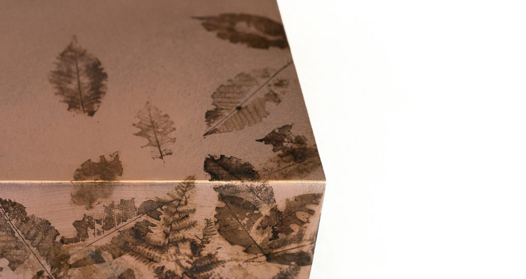 Preserved leaf and fern impressions are suspended within translucent resin, creating layered depth and delicate organic detail. The warm tonal palette and crisp edges highlight the interplay between natural forms and contemporary craftsmanship.